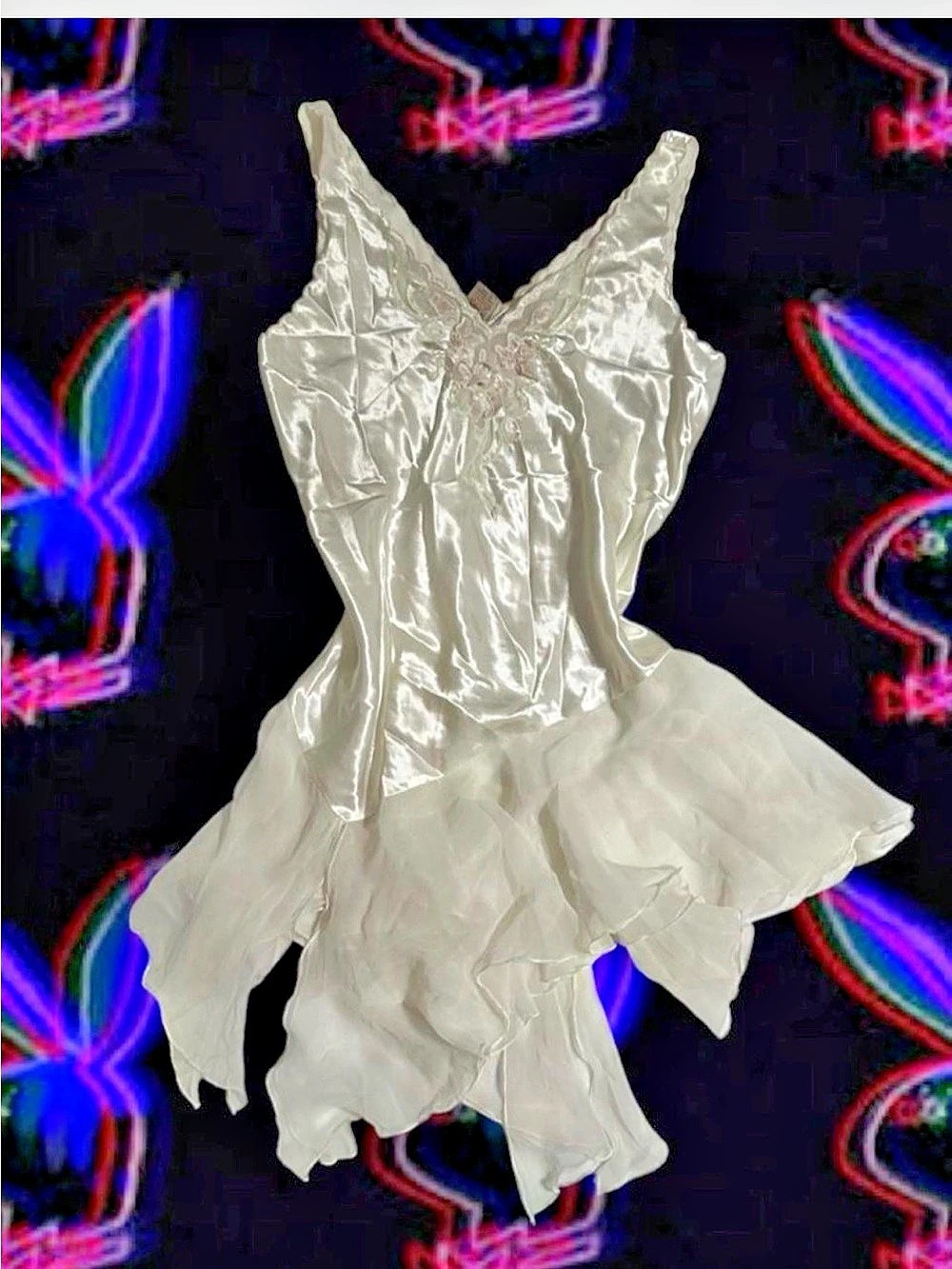 Victoria’s Secret Satin Flowy Mini Dress in White Ivory Embellishment Gold Label